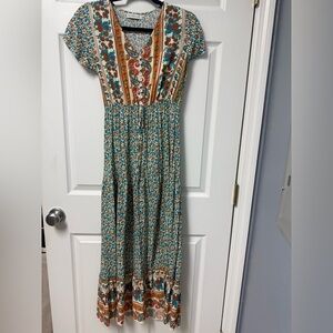 Women's Teal Floral Maxi Dress with Paisley Accents